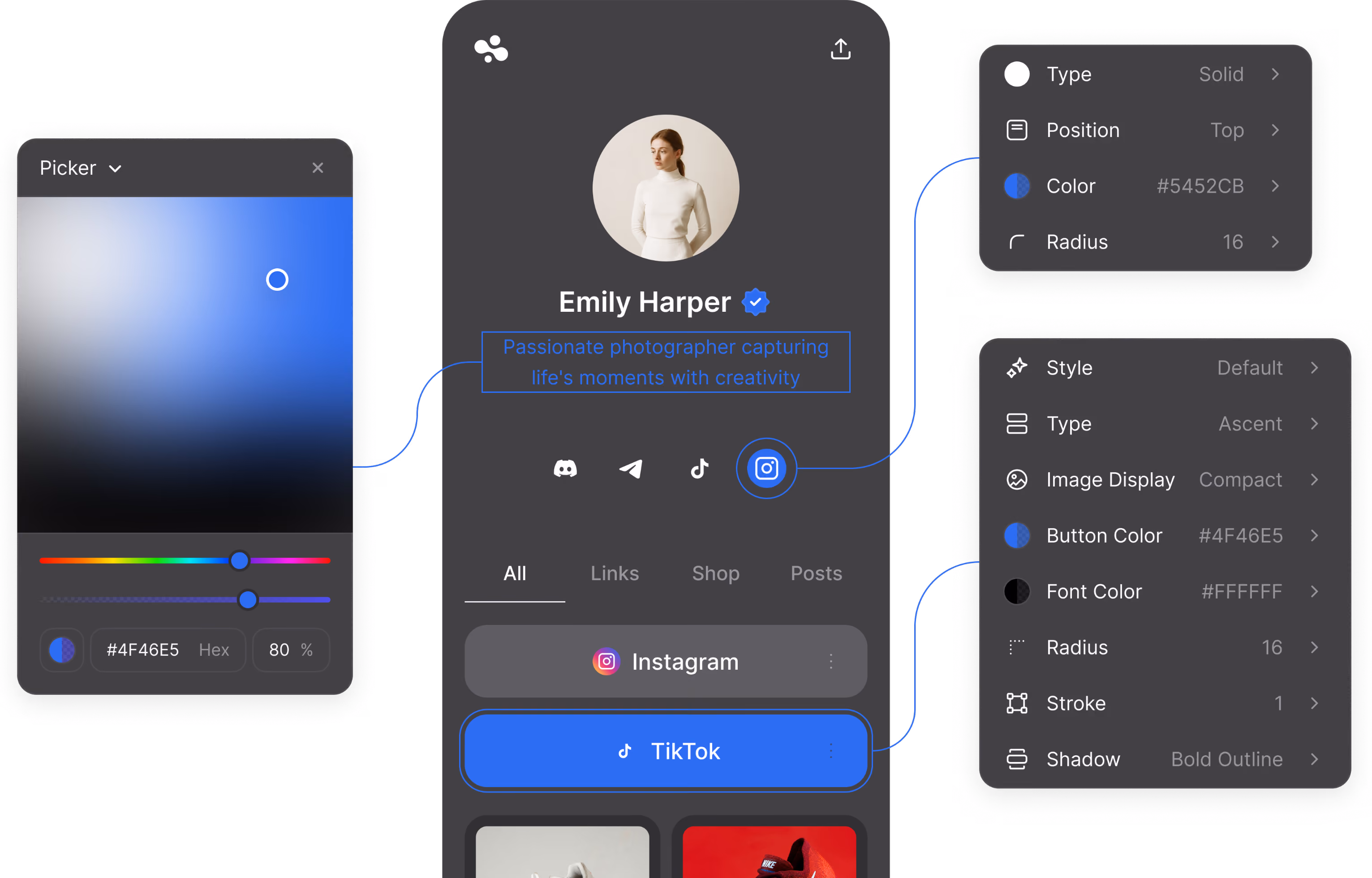 The InBio link in bio editor: a color picker and the button style settings, wired to the parts of the page they change