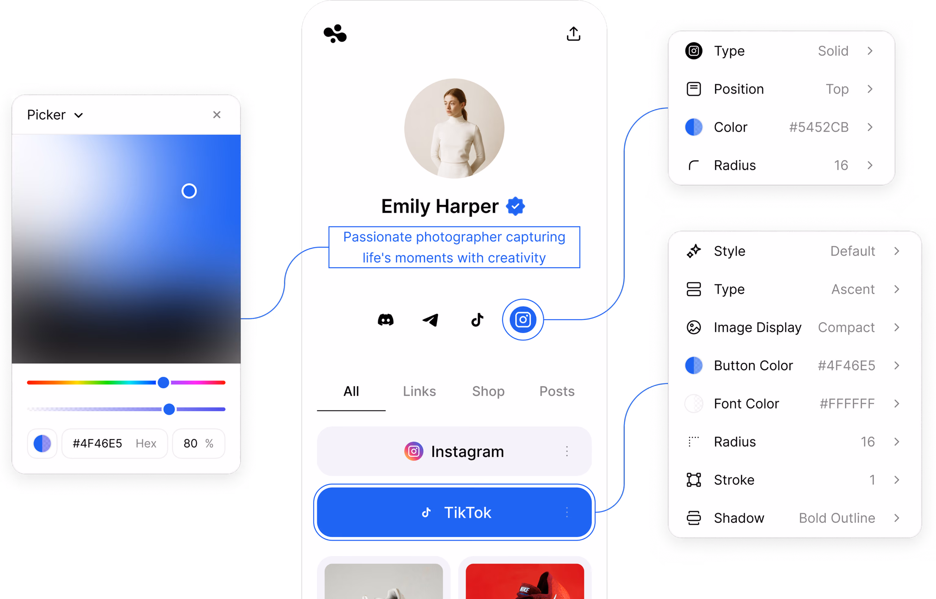 The InBio link in bio editor: a color picker and the button style settings, wired to the parts of the page they change