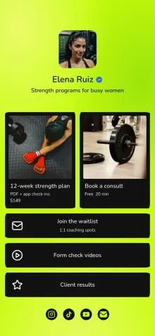 Example link in bio page for a personal trainer