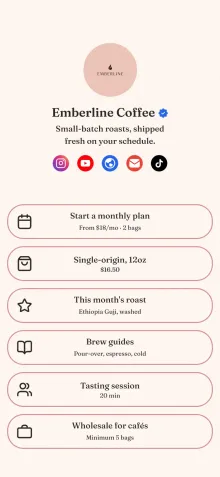 Example link in bio page for a coffee roaster