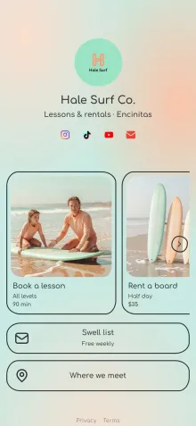 Example link in bio page for a surf school