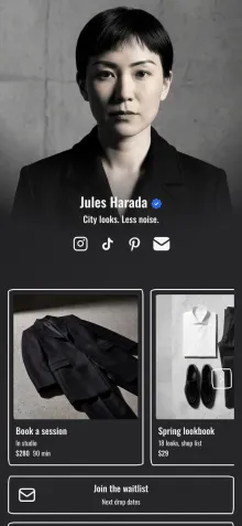 Example link in bio page for a fashion stylist