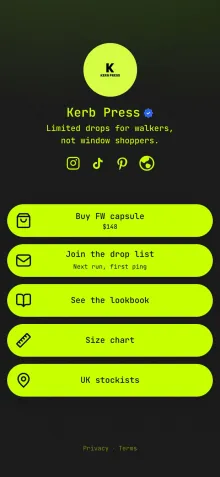 Example link in bio page for a streetwear brand