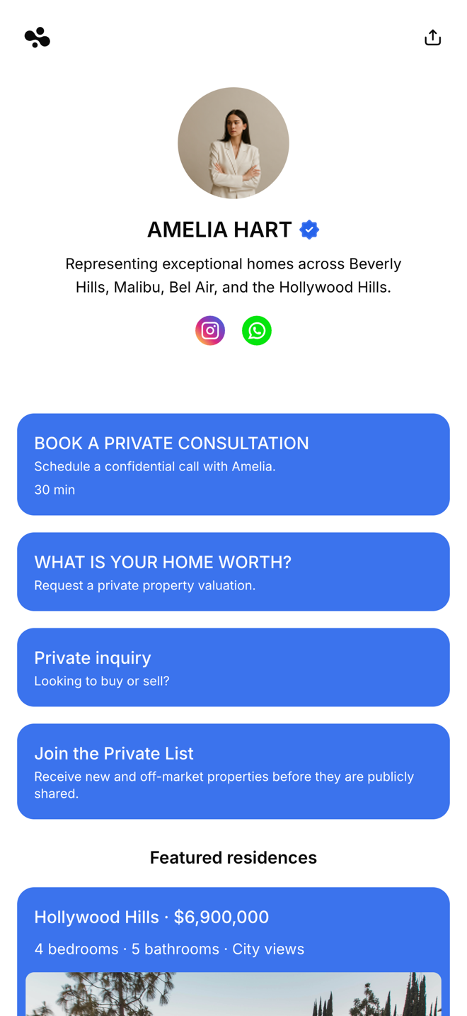 A real estate agent link in bio template with a consultation booking, a home-valuation request, and featured listings