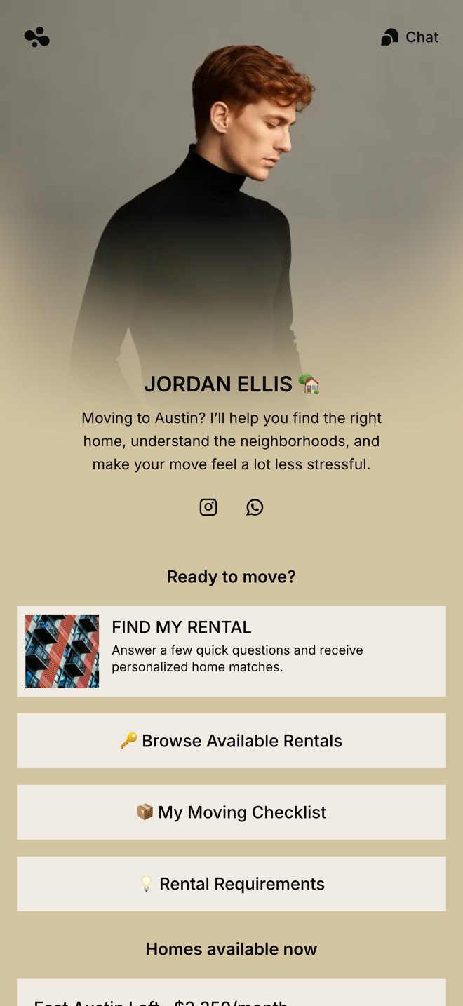 A real estate agent link in bio template with a buyer lead form and available homes