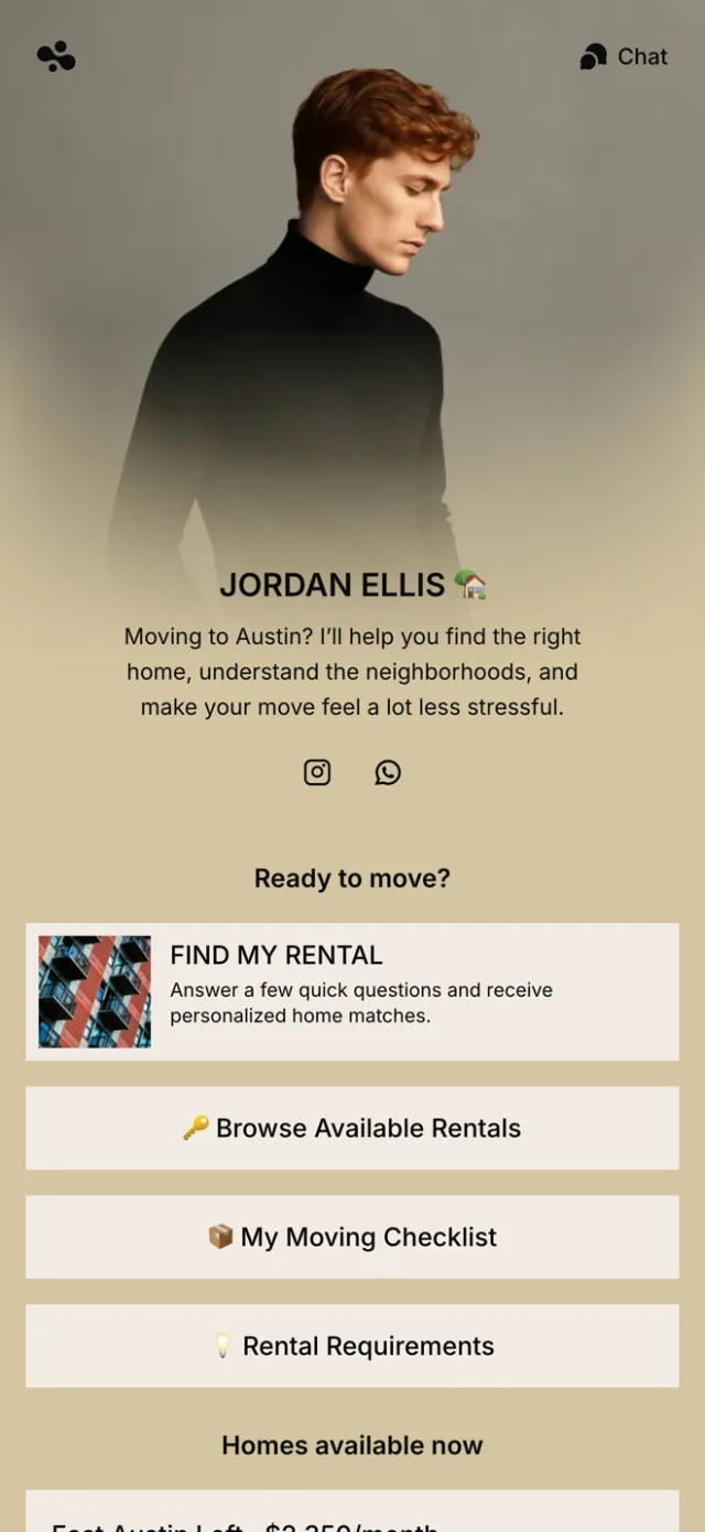 A real estate agent link in bio template with a buyer lead form and available homes