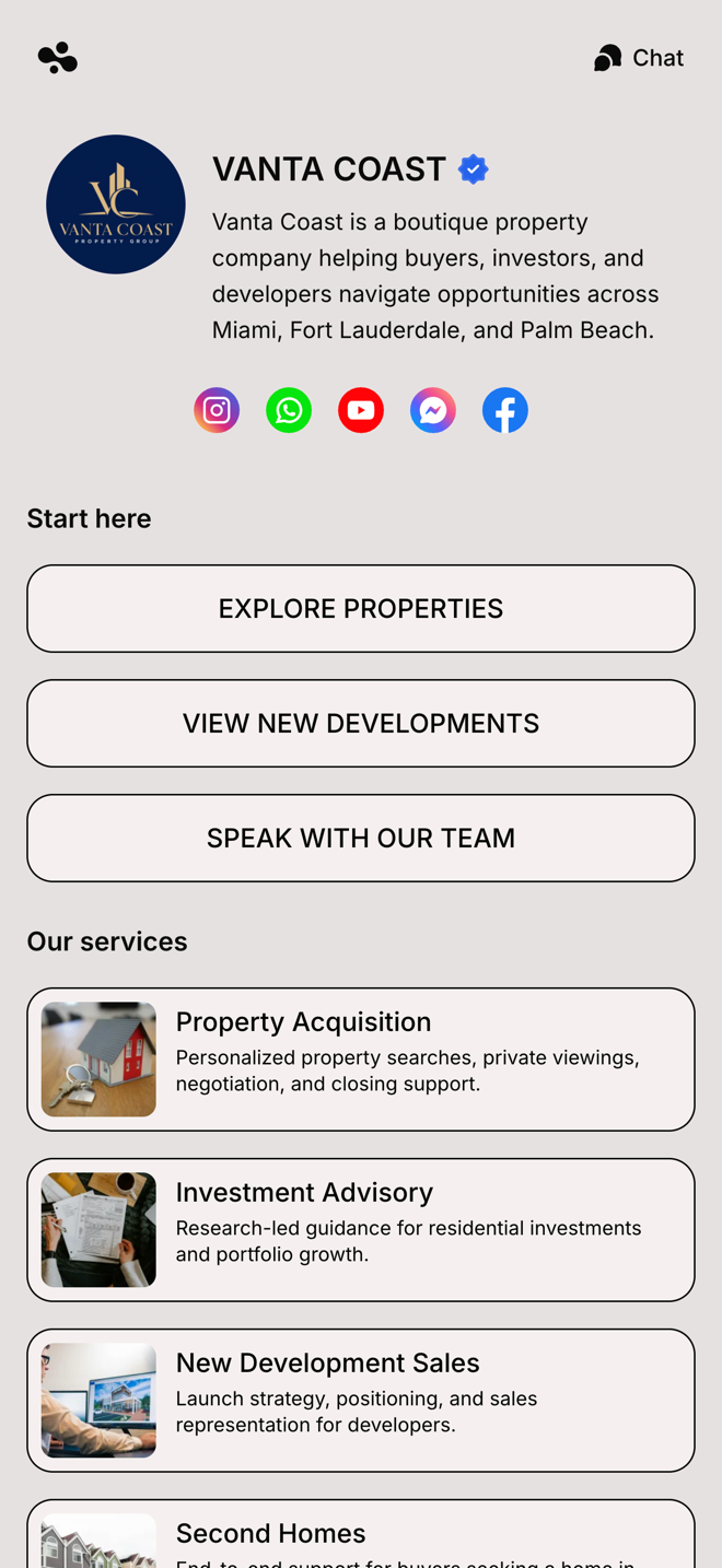 A real estate brokerage link in bio template with socials, listings, and services