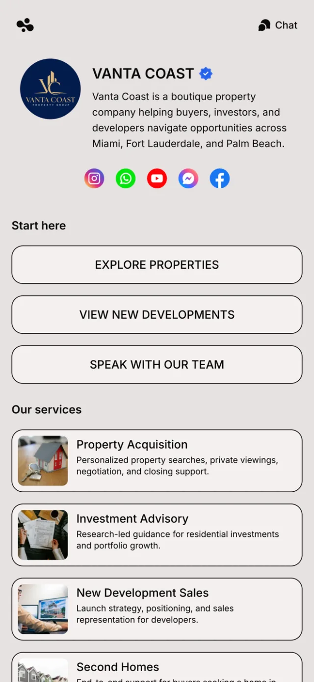 A real estate brokerage link in bio template with socials, listings, and services