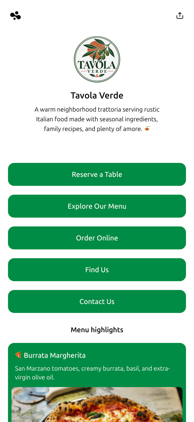 A restaurant link in bio template with the menu and Google Maps location