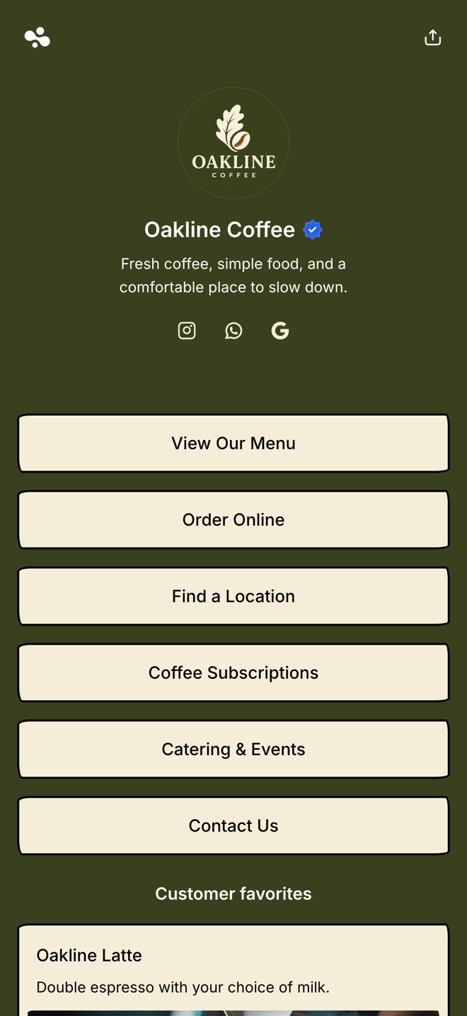 A restaurant link in bio template with socials and opening hours