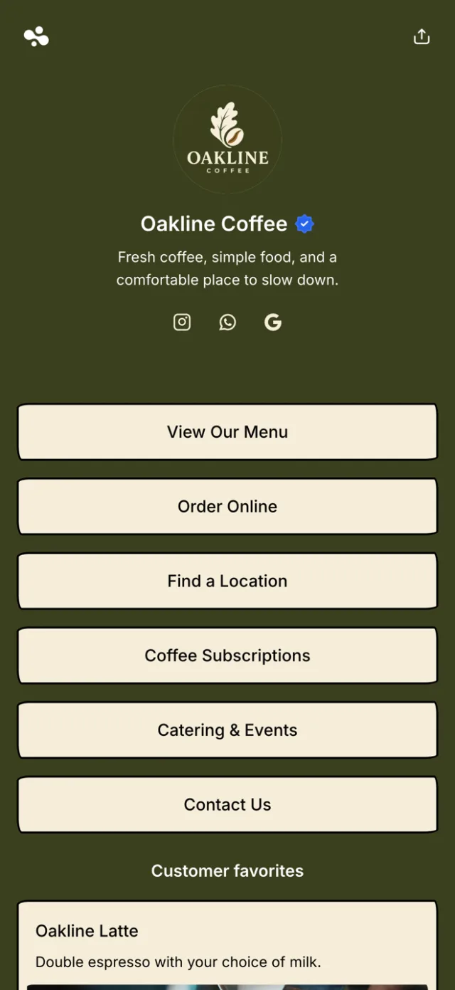 A restaurant link in bio template with socials and opening hours